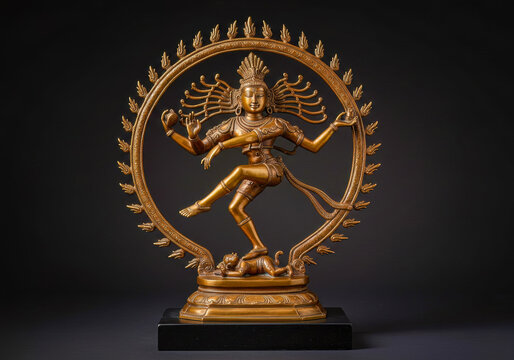 Exquisite polished bronze Nataraja statue capturing the cosmic dance of Lord Shiva, poised on a simple dark pedestal, embodying Hindu art
