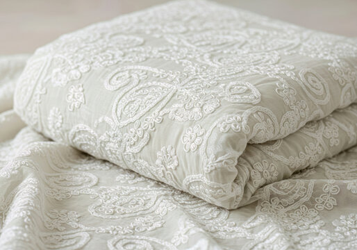 Traditional Indian Chikankari embroidery with intricate white floral and paisley patterns on a beautifully folded pastel muslin fabric, highlighting textile craftsmanship.