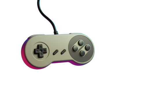 Retro wired game controller isolated in closeup on white background, minimalistic layout element for nostalgic gaming design concept. Ai generative