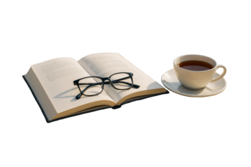 Open book with eyeglasses and tea cup on saucer, isolated style, white background, concept of relaxation and reading. Ai generative