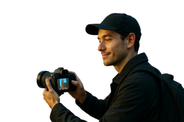 Smiling young man wearing black holding camera and looking at screen, isolated on white background, closeup concept of photography hobby. Ai generative