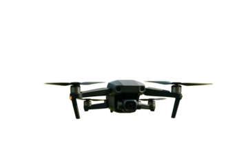 Flying quadcopter drone isolated on white background, closeup layout for clean technology design element concept. Ai generative