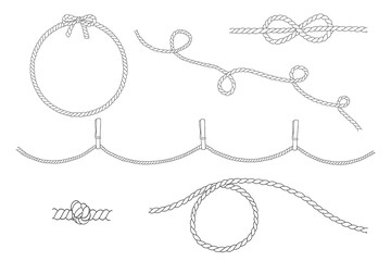 Rope round frame, knot and lasso. Line art. Vector drawing of circle. String wreath with loops. Outline nautical sketch