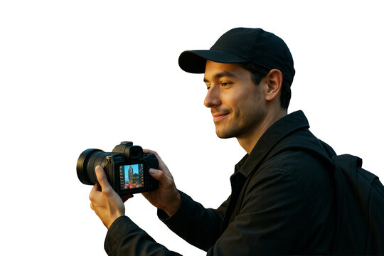 Smiling young man wearing black holding camera and looking at screen, isolated on white background, closeup concept of photography hobby. Ai generative