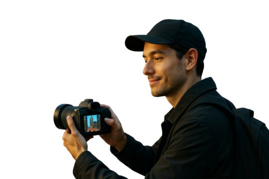 Smiling young man wearing black holding camera and looking at screen, isolated on white background, closeup concept of photography hobby. Ai generative