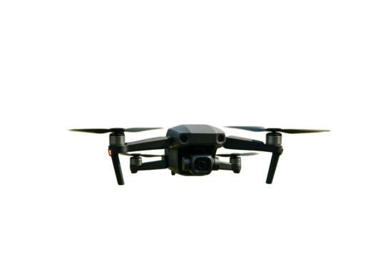 Flying quadcopter drone isolated on white background, closeup layout for clean technology design element concept. Ai generative