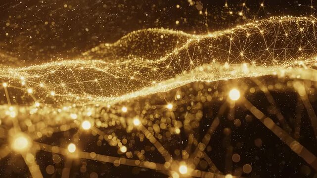 Abstract digital artwork with golden sparkling particles and interconnected light points
