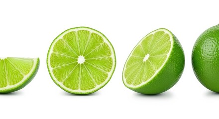 Fresh lime slices and whole lime isolated on white background