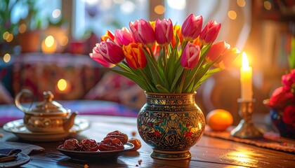 Pink tulips in a vase on a table, surrounded by warm light and cozy, blurred, background elements