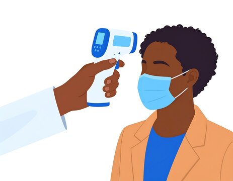 Person getting temp checked with a contactless thermometer, wearing a mask. Flat vector illustration