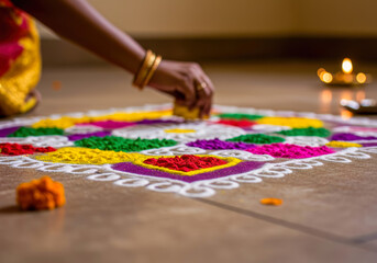 Obraz premium A close-up of a hand with golden bangles meticulously creating a vibrant traditional Rangoli powder pattern on the floor, celebrating Indian culture.
