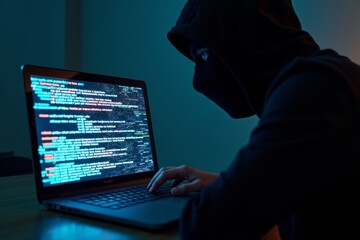 Digital Chaos: Glitched Laptop Screen and Shadowy Hacker Presence