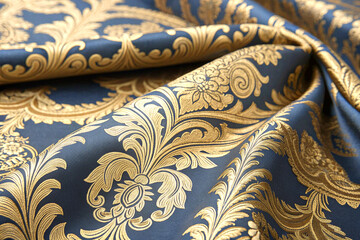 Close-up of royal patterned fabric highlighted with elegant gold accents