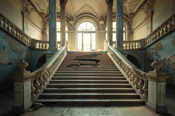 Obraz premium Sunlight illuminates through window and onto decaying grand staircase in abandoned palace