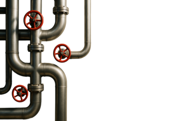 Industrial steel pipes with red valve handles, isolated graphic style on white background, concept of infrastructure and clean layout. Ai generative