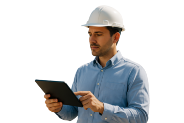 Male engineer in white hard hat using digital tablet, isolated style on white background. Concept of industry, planning, clean design. Ai generative