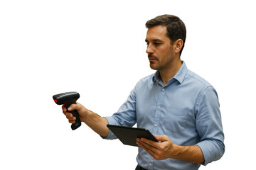 Man holding barcode scanner and tablet, isolated on white background, clean layout for industry, technology and logistics concept. Ai generative