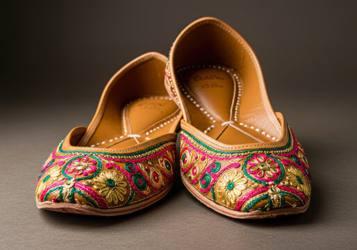 A Pair of Exquisite Handcrafted Punjabi Jutti Leather Shoes Featuring Ornate Colorful Thread Embroidery, a Symbol of Indian Cultural Artistry