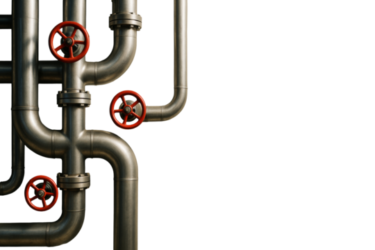 Industrial steel pipes with red valve handles, isolated graphic style on white background, concept of infrastructure and clean layout. Ai generative
