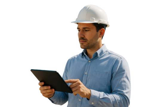Male engineer in white hard hat using digital tablet, isolated style on white background. Concept of industry, planning, clean design. Ai generative