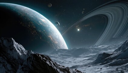 Alien planet with rings, mountains, and a distant world