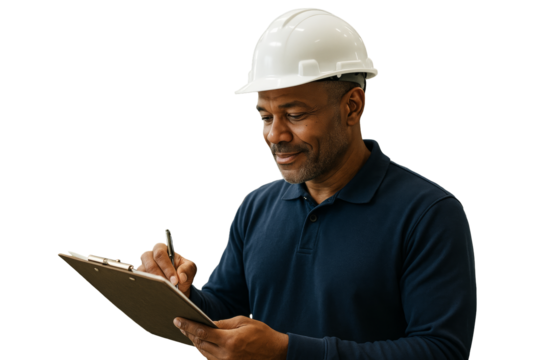 Construction worker in white hard hat writing on clipboard, isolated closeup on white background. Concept of industry and inspection. Ai generative.