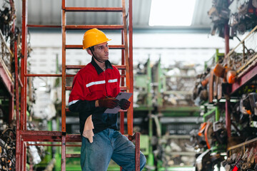 Male Technician Inspecting Auto Parts Inventory in Industrial Warehouse