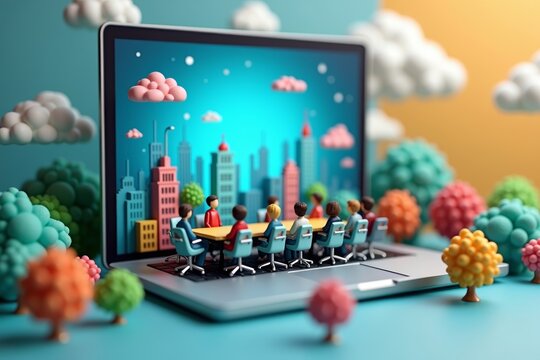 A Miniature World in a Computer Screen: Tiny People in a Virtual Meeting on a Cloudy Backdrop - Powered by Adobe