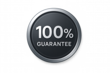 100% guarantee badge with metallic border representing satisfaction, quality assurance, and money back policy