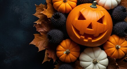 A festive arrangement of carved pumpkins, gourds, and autumn leaves on a dark textured background