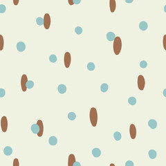 Seamless pattern with blue and brown dots on light background. Vector illustration with polka dots different sizes, retro pattern.