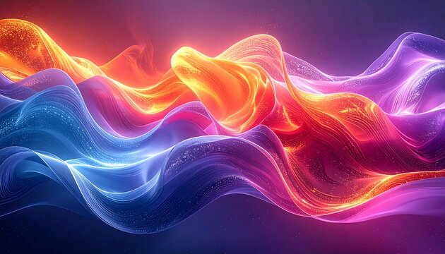 Abstract wave-like forms glow with vibrant colors shifting from cool blues/purples to warm oranges/reds against a dark backdrop