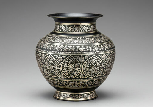 Exquisite Bidriware vase from Karnataka, India, showcasing intricate silver inlay on matte black metal alloy, reflecting traditional Indian craftsmanship and timeless artistry.