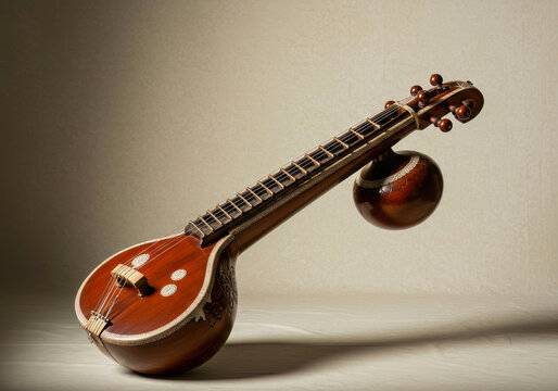 A finely crafted classical Indian Veena, showcasing its graceful curves and rich wooden tones, a symbol of ancient musical heritage.