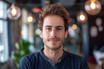 Portrait of a young businessman smiling in a modern office coworking space