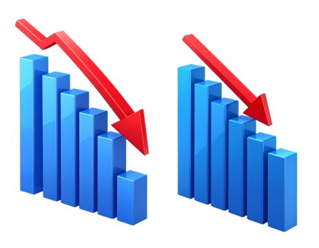 Decreasing Bar Chart with Red Downward Arrow Bundle, isolated on transparent background