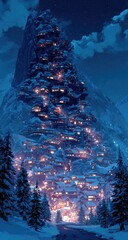 Snowy mountain village at night, nestled in the peaks, with glowing homes
