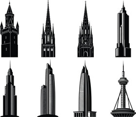 Architectural building icon set, medieval tower, gothic cathedral, modern skyscraper, futuristic observation tower, silhouette vector, black design elements