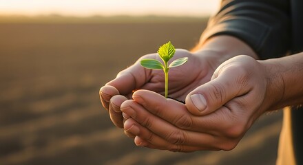 Farmer Holds Young Plant in Hands.
