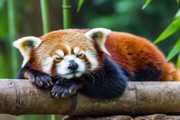 Obraz premium Adorable Red Panda Relaxing Peacefully on Bamboo in a Lush Green Natural Habitat