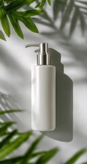 White pump bottle surrounded by tropical leaves, light and shadow