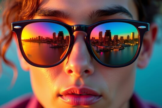 Surreal Close-Up Portrait of Person in Sunglasses Reflecting Vibrant Cityscape in Each Lens