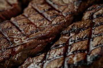 Delicious grilled beef steaks with appetizing grill marks are being prepared on a hot grill