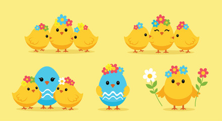 Fototapeta premium Cute cartoon chicks wearing flower crowns celebrating Easter spring holiday together.