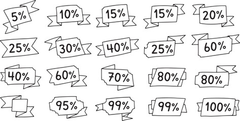 Collection of hand-drawn sketch coupon and ticket shapes featuring major percentage discounts