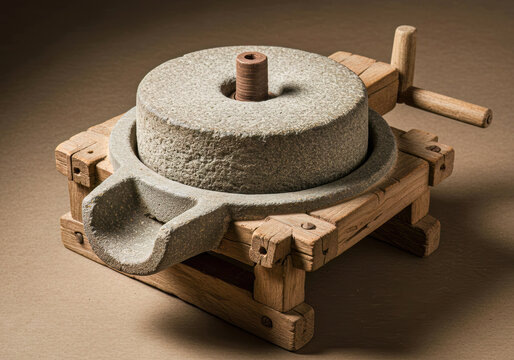A traditional Indian hand-operated stone grinder, or chakki, with rustic stone and aged wooden components, reflecting ancient culinary heritage.