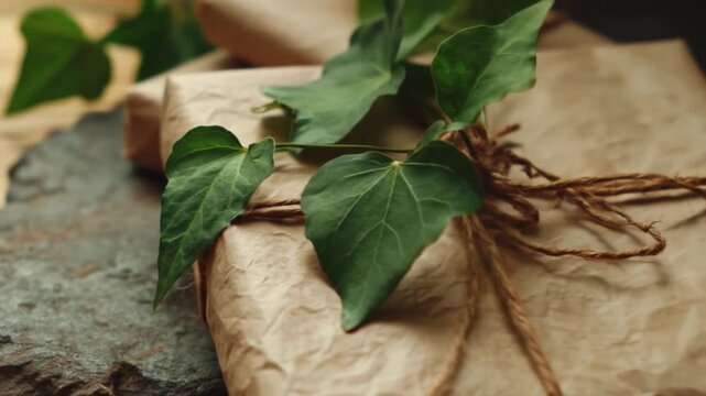 Wrapped gifts with green leaves on stone surface background