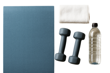 Fitness gear with blue yoga mat, black dumbbells, white towel, and clear water bottle, isolated on white background for wellness lifestyle concepts. Ai generative.