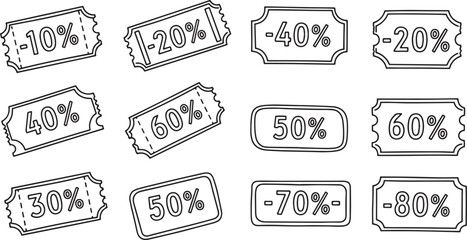 Collection of hand-drawn sketch coupon and ticket shapes featuring major percentage discounts