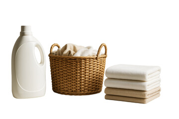 Obraz premium Laundry detergent, wicker basket with fabric, and neatly folded towels isolated on white background, clean lifestyle concept, Ai generative